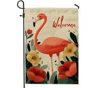 Drapeau de jardin tropical d'été avec oiseau tropical bienvenu, rouge et jaune, bannière de cour, bannière double face en toile de jute pour décoration de fête 30,5 x 45,7 cm
