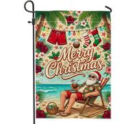 Drapeau de jardin tropical, Père Noël, plage tropicale, 30,5 x 45,7 cm | Thème tropical, drapeau de cour, palmiers, fleurs d'hibiscus, scène de plage, lunettes de soleil, chaussettes suspendues