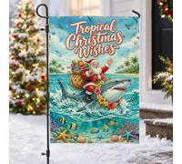 Drapeau de jardin tropical Père Noël requin 30,5 x 45,7 cm | Thème tropical, drapeau de cour, illustration de requin, paysage océanique, vacances à la plage, décoration saisonnière