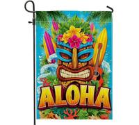 Drapeau de jardin tropical Tiki Aloha, planche de surf hawaïenne colorée, décoration extérieure, bannière de pelouse saisonnière double face, décoration de fête de vacances 30,5 x 45,7 cm