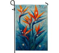 Drapeau de jardin tropical vibrant oiseau de paradis - Fleurs tropicales oranges - Bannière de cour - Décoration de pelouse colorée double face pour l'été - 30,5 x 45,7 cm