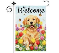 Drapeau de jardin tulipe de bienvenue, printemps-été, motif floral et chien, décoration de maison, 30,5 x 50,8 cm, double face, décoration verticale pour cour et petit drapeau
