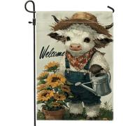 Drapeau de jardin vache de bienvenue, joli veau blanc avec tournesols, décoration extérieure, bannière double face en toile de jute pour fête de printemps et d'été, 30,5 x 45,7 cm