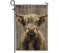 Drapeau de jardin vache des Highlands, fond rustique en bois texturé en fourrure sans toile de jute marron, drapeaux décoratifs double face pour extérieur, terrasse, pelouse, porche, entrée, camping