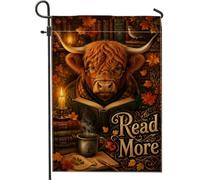 Drapeau de jardin vache des Highlands, livres d'automne confortables en toile de jute marron, double face, petit drapeau de jardin pour extérieur, terrasse, pelouse, porche, balcon 30,5 x 45,7 cm