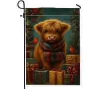 Drapeau de jardin vache des Highlands pour vacances d'hiver, décoration d'animal marron avec cadeaux et oiseaux, bannière double face en toile de jute pour décoration de pelouse extérieure, 30,5 x