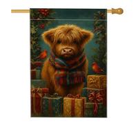 Drapeau de jardin vache des Highlands pour vacances d'hiver, décoration d'animal marron avec cadeaux et oiseaux, bannière double face en toile de jute pour décoration de pelouse extérieure, 71 x 101