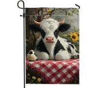 Drapeau de jardin vache et oiseau, décoration d'animaux de ferme noir et blanc, décoration de pelouse extérieure d'été, drapeau double face en toile de jute pour la maison et le jardin, 30,5 x 45,7 cm