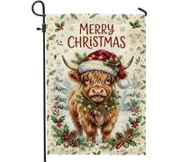 Drapeau de jardin Vache Highland Citation de Noël 30,5 x 45,7 cm | Portrait de vache des Highlands, drapeau de cour, baies de houx d'hiver, accents de pommes de pin rustiques