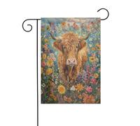 Drapeau de jardin Vache Highland dans un jardin fleuri 30 x 45 cm Vertical double face Ferme Vacances Décorations extérieures Drapeau de cour
