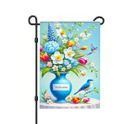 Drapeau De Jardin Vase Bleu, Jonquilles Blanches, Tulipes Roses, Merles Bleus Drapeaux Éclatantes Double Face 30X45Cm Drapeaux De Maison Pour Plage Porte