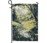 Drapeau de jardin vert d'été, paysage paysager paysager paysage, vélo de rivière, décoration extérieure, bannière double face pour la maison et le jardin, 30,5 x 45,7 cm