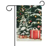 Drapeau de jardin vertical double face en lin avec motif sapin et boîte cadeau, 32 x 47 cm, décoration extérieure saisonnière pour ferme, vacances, fête des mères