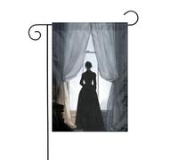 Drapeau de jardin vertical double face Motif femme debout près de la fenêtre Noir 30 x 45 cm