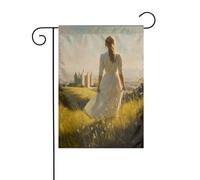 Drapeau de jardin vertical double face pour femme debout sur une colline herbeuse 30 x 45 cm