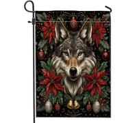 Drapeau de jardin vertical en toile de jute avec motif loup Merry Christmas - 30,5 x 45,7 cm - Double face pour l'extérieur, poinsettia animal de Noël, petits drapeaux de pelouse, décoration de