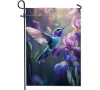 Drapeau de jardin vibrant en forme de colibri, drapeau floral coloré violet iris pour décoration d'intérieur, décoration de pelouse extérieure double face pour le printemps et l'été, design inspiré de