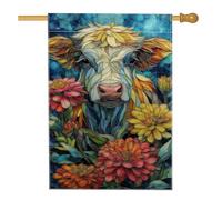 Drapeau de jardin vibrant en forme de vache et floral - Zinnia coloré et vache - Bannière double face en toile de jute pour décoration saisonnière de la maison et du jardin - 71 x 101,6 cm