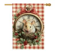 Drapeau de jardin vintage à carreaux rouges, gigognes de souris mignonnes avec horloge, bannière de décoration d'intérieur, drapeau double face en toile de jute, décoration extérieure de vacances, 71