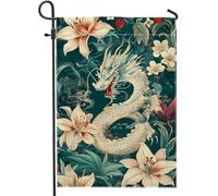 Drapeau de jardin vintage avec dragon, lys dragons asiatiques bleu sarcelle, bannière de jardin, bannière de jardin, drapeau de cour en toile de jute saisonnière pour décoration de pelouse 30,5 x 45,7