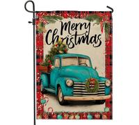 Drapeau de jardin vintage bleu camion de Noël, décoration à carreaux, bannière double face en toile de jute pour décoration de pelouse extérieure, 30,5 x 45,7 cm