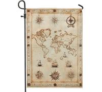 Drapeau de jardin vintage - Carte du monde - Bannière de décoration nautique marron antique - Drapeau double face en toile de jute pour décoration de pelouse extérieure - 30,5 x 45,7 cm