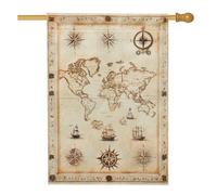 Drapeau de jardin vintage - Carte du monde - Bannière de décoration nautique marron antique - Drapeau double face en toile de jute pour décoration de pelouse extérieure - 71 x 101 cm