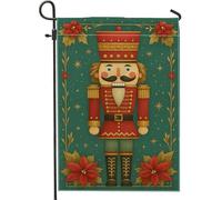 Drapeau de jardin vintage casse-noisette, bannière verte avec fleurs de poinsettia, drapeau de cour double face en toile de jute pour décoration extérieure de Noël, 30,5 x 45,7 cm