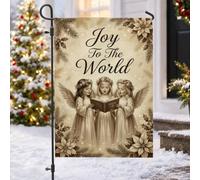 Drapeau de jardin vintage Chœur d'ange Joy To The World Angels 30,5 x 45,7 | Anges chantants, drapeau de pelouse, fleurs de poinsettia, aiguilles de pin, thème religieux, esthétique vintage
