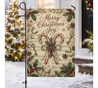 Drapeau de jardin vintage de Noël en sucre d'orge avec note de musique 30,5 | Fond de feuille de musique, drapeau de pelouse, accents de baies de houx, touches squelettes rustiques