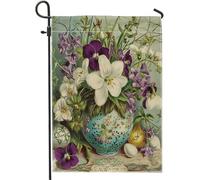 Drapeau de jardin vintage de Pâques lys médiéval victorien euro de luxe antique vase à fleurs vert lin décoration de fête clôture verticale vacances pelouse double face camping saisonnier avant