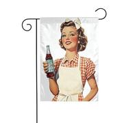 Drapeau de jardin vintage des années 1960, femme tenant une bouteille, 12 x 18, vertical, double face, décorations extérieures de vacances de ferme