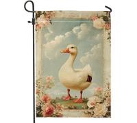 Drapeau de jardin vintage en forme de canard - Roses d'été blanches - Bannière de décoration d'intérieur - Drapeau double face - 30,5 x 45,7 cm