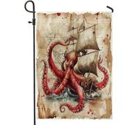 Drapeau de jardin vintage en forme de pieuvre, rouge monochrome avec créatures marines, décoration de jardin, vintage nautique pour toutes les saisons, 30,5 x 45,7 cm