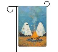 Drapeau de jardin vintage en toile de jute double face avec deux fantômes assis sur feu de camp 30,5 x 45,7 cm