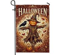 Drapeau de jardin vintage épouvantail Halloween 30,5 x 45,7 cm | Jack-o'-lanterne, drapeau de cour, corneille, feuilles d'automne, rouleau baroque, décoration de cour saisonnière