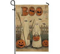 Drapeau de jardin vintage fantômes d'Halloween, bannière de décoration extérieure en toile de jute double face pour décoration de pelouse de vacances, 30,5 x 45,7 cm