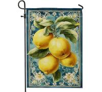 Drapeau de jardin vintage jaune citron, drapeau de jardin décoratif double face en toile de jute, décoration de pelouse extérieure bleue, feuilles florales, décoration extérieure 30,5 x 45,7 cm