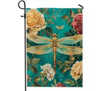 Drapeau de jardin vintage libellule animal floral naturel luxe victorien renaissance turquoise lin pour bienvenue porche cour drapeau décoration pour vacances pelouse fête drapeau double face ailerons