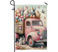 Drapeau de jardin vintage pour camion de Pâques, chalet de campagne, œuf de lapin, peinture à l'huile, lin rose, maison, cour, décoration, maison, extérieur, porche, terrasse, vacances, pelouse, fête
