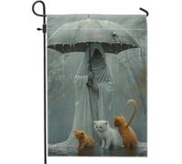 Drapeau de jardin vintage pour jour de pluie, figurine grise à capuche avec parapluie et décoration de cour à chats, drapeau double face pour décoration de pelouse extérieure au printemps et en été