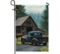 Drapeau de jardin vintage rustique avec camion - Scène de grange bleue - Décoration extérieure double face pour l'automne - Parfait pour la cour de ferme - 71 x 101 cm