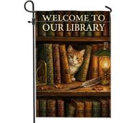 Drapeau de jardin vintage thème lecture chat bibliothèque 30,5 x 45,7 cm | Décoration d'intérieur littéraire, drapeau de cour, design vintage, cadeau de lecteur confortable, atmosphère chaleureuse de