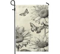 Drapeau de jardin vintage tournesol papillon, bannière florale beige pour décoration d'intérieur, drapeau double face en toile de jute pour décoration de pelouse extérieure, 30,5 x 45,7 cm