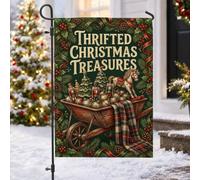 Drapeau de jardin vintage Trésors de Noël brouette 30,5 x 45,7 cm | Motif casse-noisette vintage, drapeau de pelouse, décorations de vacances traditionnelles, bordure festive en pin et houx