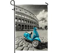 Drapeau de jardin vintage Vespa Scooter bleu vif décoratif pour l'été, style italien classique, idéal pour décoration de pelouse ou de terrasse, 30,5 x 45,7 cm