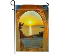 Drapeau de jardin vue sur l'océan, paysage doré d'aube, décoration extérieure, drapeau en toile de jute double face, décoration de maison d'été, 12 x 18 pouces
