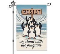 Drapeau de jardin « We Stand With The Penguins », drapeaux de jardin amusants résistants à l'extérieur, panneau tarifaire libéral de la démocratie, pingouins contre