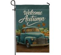 Drapeau de jardin « Welcome Autumn » - Décoration extérieure vintage bleue - Camion et citrouilles - Bannière d'automne double face en toile de jute - Décoration de pelouse pour la saison des récoltes