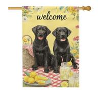 Drapeau de jardin « Welcome » avec labrador noir, bannière florale jaune pour décoration d'intérieur double face en toile de jute pour décoration de pelouse extérieure d'été 71 x 101,6 cm